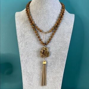 Faceted Stone and Druzzy Brown Beaded Necklace with Tassel